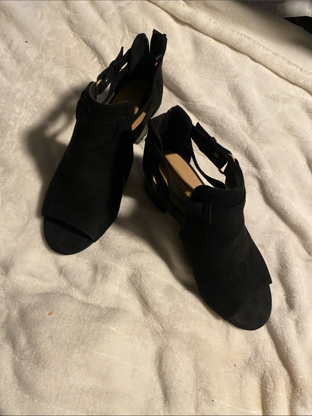 Cityclassified Black Suede Peep-Toe Block Heel Sandals